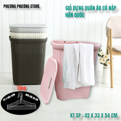 ( HÀNG CAO CẤP ) Giỏ đựng đồ quần áo có nắp Hàn Quốc Kiểu Dáng Đan Mây( Tặng Sét 5 Móc áo Inox Xoắn Dài 40cm )