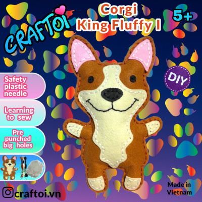 KIM NHỰA Bộ Thủ Công Trẻ Tự Làm Thú Bông 5+ CORGI KING FLUFFY I Craftoi Felt Sewing toy prepunched holes plastic needle