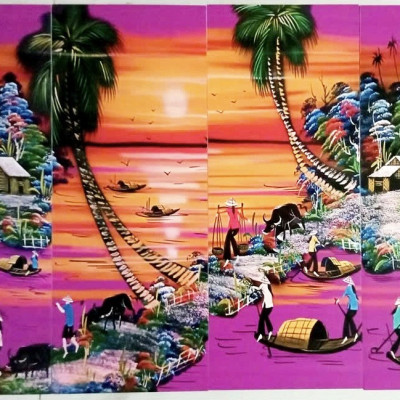 Bộ Tranh sơn mài 4 tấm - ĐỒNG QUÊ / PHỐ CỔ VIỆT NAM - Size 50x80 cm / 60x120 cm