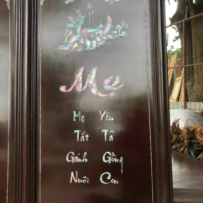 Tranh câu đối cha mẹ gỗ gụ,khảm ốc đỏ kt 40×120×4cm
