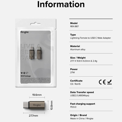 Bộ 2 đầu chuyển RINGKE LN to C OTG Adapter - Hàng Chính Hãng