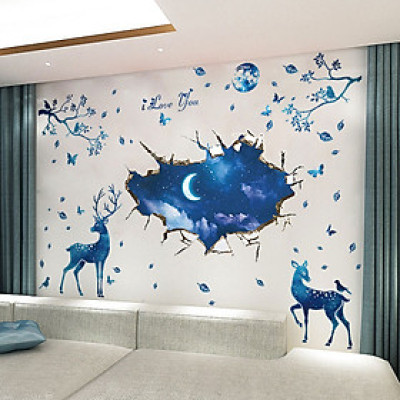 Decal dán tường Mẫu Gia Đình Nai dưới ánh trăng ,có sẵn keo chỉ cần bóc dán