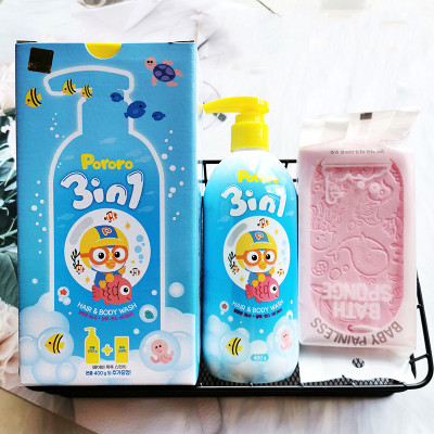 Sữa tắm gội xả 3-in-1 trẻ em tặng kèm bông tắm Pororo Hàn Quốc 400ml