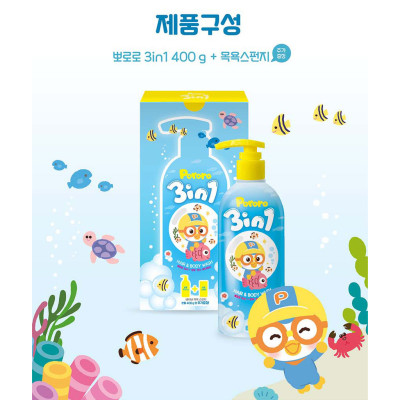 Sữa tắm gội xả 3-in-1 trẻ em tặng kèm bông tắm Pororo Hàn Quốc 400ml
