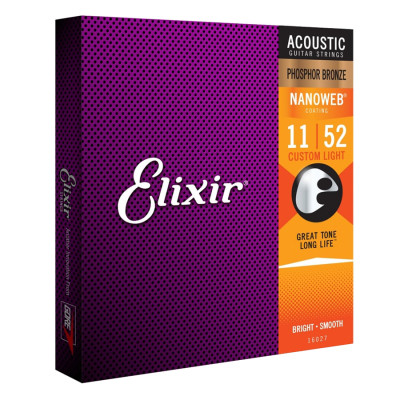 Bộ dây đàn Guitar Acoustic cao cấp/ Acoustic Guitar Strings - Elixir 16027, Bright, Smooth - Phosphor Bronze, Nanoweb Coating, Custom Light 11-52 - Hàng chính hãng
