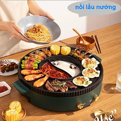Bếp Lẩu Nướng Đa Năng 2 Trong 1, Lẩu Nướng Tròn Xanh 2 Nút Bật Tắt Riêng Biệt - Hàng Chính Hãng