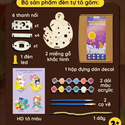 Lồng Đèn Gỗ Trung Thu Mẫu Mới 2024 Lalamoon - Bộ Kit DIY Tự Vẽ và Làm Đèn Trông Trăng - Lalala Baby