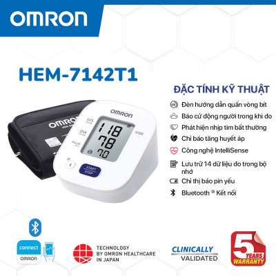 Máy Đo Huyết Áp Điện Tử Omron HEM-7142T2 (Mẫu Cũ 7142T1) Tự Động Phát Hiện Nhịp Tim Không Đều, Bộ Nhớ Lưu Trữ 14 Kết Quả Đo, Có Kết Nối Bluetooth