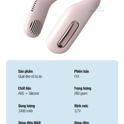 Quạt đeo cổ F41 không cánh cầm tay, sử dụng không dây 3 cấp độ tiện lợi, co giãn silicone linh hoạt, giảm ồn, hàng chính hãng