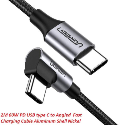 Ugreen UG50125US255TK 2M 60W bẻ góc 90 độ hỗ trợ sạc nhanh PD cáp USB type C màu đen mạ nickel đầu bọc nhôm - HÀNG CHÍNH HÃNG