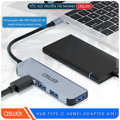 Hub Chuyển Đổi USB Type C ASWEI - 4 in 1, 5 in 1, 6 in 1, 7 in 1, 8 in 1 - HDMI, USB 3.0, PD, SD, TF, RJ45, Audio 3.5mm - Tốc Độ Cao, Hàng Chính Hãng