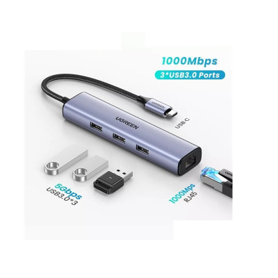 Ugreen UG20920CM475TK 10/100 / 1000Mbps gigabits Type C sang 3 × USB 3.0 + RJ45 Bộ chuyển đổi - HÀNG CHÍNH HÃNG