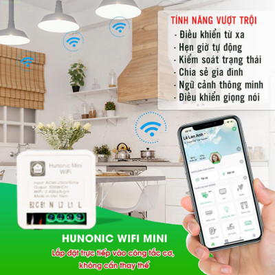 Công tắc Wifi Hunonic Mini 2 kênh 500W/kênh - LẮP SAU CÔNG TẮC ÂM TƯỜNG - Điều khiển từ xa bằng điện thoại