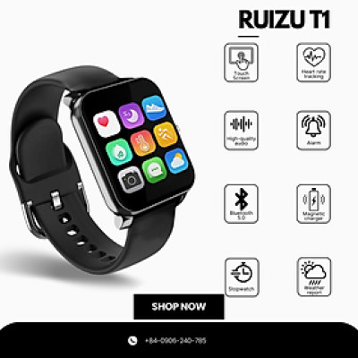 Ruizu T1 - Màn hình cảm ứng IPS sắc nét, Bluetooth 5.0, Bộ nhớ trong 32Gb, Âm thanh chất lượng cao, Theo dõi sức khỏe, Đo nhịp tim, đếm bước chân, theo dõi giấc ngủ, đo nồng độ oxy trong máu,Pin trâu, Tương thích Da Fit app, Sạc nam châm - Hàng nhập khẩu