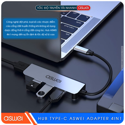 Hub Chuyển Đổi USB Type C ASWEI - 4 in 1, 5 in 1, 6 in 1, 7 in 1, 8 in 1 - HDMI, USB 3.0, PD, SD, TF, RJ45, Audio 3.5mm - Tốc Độ Cao, Hàng Chính Hãng