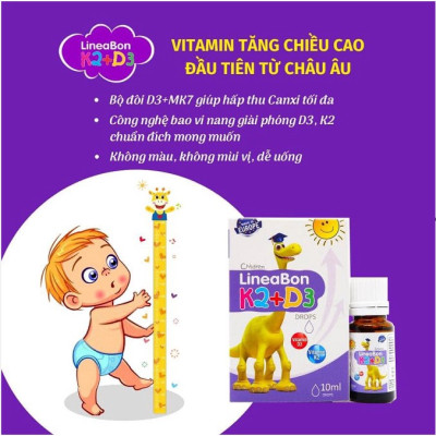 Siro nhỏ giọt LineaBon D3K2 tăng chiều cao, chống còi xương cho bé (Chai 15ml)