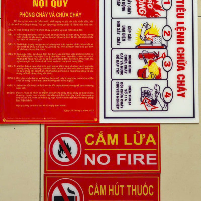 Bộ 4 bảng Chất liệu Mica gồm: Nội quy, Tiêu lệnh phòng cháy chữa cháy, Cấm lửa, Cấm thuốc