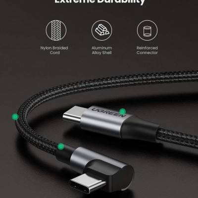 Ugreen UG50125US255TK 2M 60W bẻ góc 90 độ hỗ trợ sạc nhanh PD cáp USB type C màu đen mạ nickel đầu bọc nhôm - HÀNG CHÍNH HÃNG