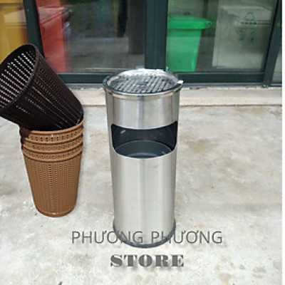 HÀNG CAO CẤP - Thùng rác inox tròn, thùng rác inox gạt tàn tròn ( Tặng sọt tròn mây )