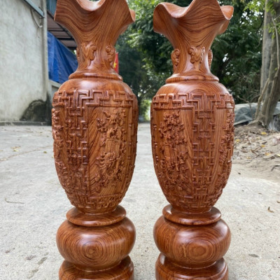 Cặp lục bình trạm khắc tứ quý bốn mùa, phong thủy hút tài lộc bằng gỗ hương đá kt cao 30×10cm