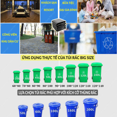 COMBO 5 Túi Đựng Rác Size Đại Ko Quai HDPE Lớn Siêu Chắc Bao Đựng Rác Nylon To Màu Đen Tiện Lợi