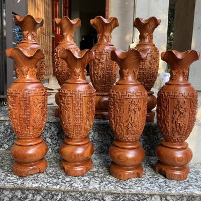 Cặp lục bình trạm khắc tứ quý bốn mùa, phong thủy hút tài lộc bằng gỗ hương đá kt cao 30×10cm