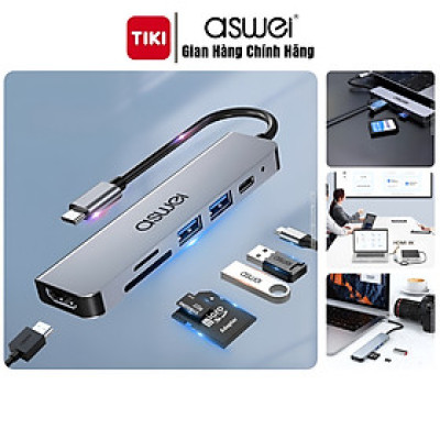 Hub Chuyển Đổi USB Type C ASWEI 6 in 1 - HDMI, USB 3.0, SD, TF, PD 100W Tốc Độ Cao - Hàng Chính Hãng