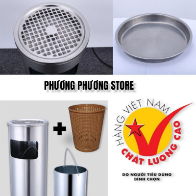 ( Hàng Cao Cấp ) Thùng rác inox tròn A 35, thùng rác inox gạt tàn tròn ( Tặng sọt tròn mây )