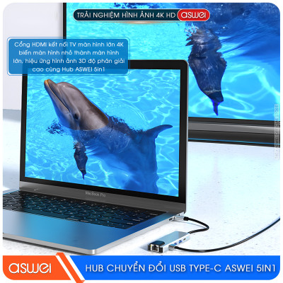 Hub Chuyển Đổi USB Type C ASWEI 5 in 1 - HDMI, USB 3.0, Lan, PD 100W Tốc Độ Cao - Hàng Chính Hãng
