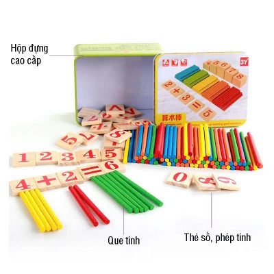 Đồ Chơi Gỗ Bộ 100 Que Tính Học Toán Cho Bé Kèm 2 Bộ Số Và Bộ Dấu