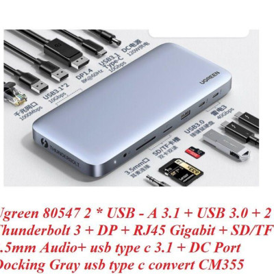 Ugreen UG80547CM355TK 8K 60Hz + 2 cổng Thunderbolt 3 + displayport + 3.5mm + 2 * USB A 3.1 + USB 3.0 + RJ45 Gigabit + SD / TF + usb type c 3.1 + Cổng 120W DC Docking USB bộ chuyển đổi Usb type c màu xám - HÀNG CHÍNH HÃNG
