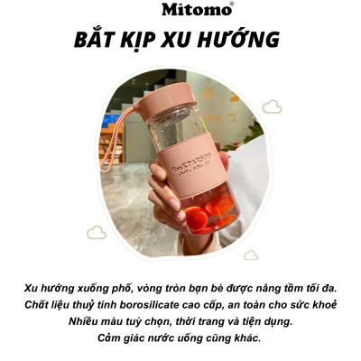 Bình Nước Thủy Tinh Cao Cấp Bọc Da Mitomo, Chịu Lực, Chịu Nhiệt, Có Dây Đeo Kèm Bộ Lọc Inox 304 Dung Tích 500ML hàng chính hãng