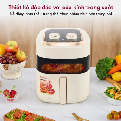 Nồi chiên không dầu 5.5 Lít mặt kính nhập khẩu Nhật Bản Fujihome A5GW tự ngắt tiết kiệm điện, nồi chiên k dầu cơ 5.5 L chống dính cao - HÀNG CHÍNH HÃNG