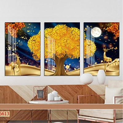XẢ sốc 50% bộ ba tranh tráng gương, tranh phủ gương cao cấp hươu vàng tài lộc bên cầu vồng