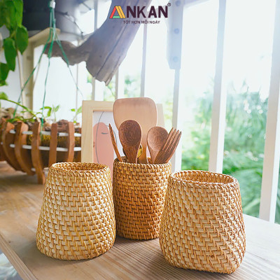 Cốc Mây Tre Đan Thủ Công Đa Năng - Đựng Bút, Cắm Hoa, Trang Trí Bàn Làm Việc - Phong Cách Vintage
