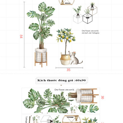 Sticker Giấy Dán Tường Decal Dán tường Tranh Dán Tường Trang Trí Tường Mẫu Chậu Cây Cảnh Phong Cách Vintage ZDB-2187