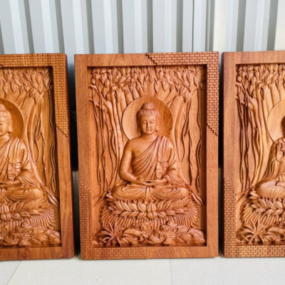 Tranh điêu khắc  phật thích ca và phật adi đà bằng gỗ hương đá liền khối kt 46×67×4cm 