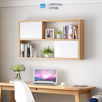 Kệ Gỗ Treo Tường 2 Tầng 2 Cánh Tủ Màu Trắng và Sồi SIB DECOR KT413