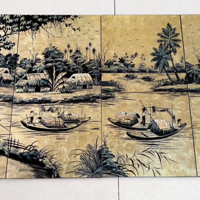 Bộ Tranh sơn mài - ĐỒNG QUÊ VIỆT NAM - Size 60x120 cm - Nền dát vàng cao cấp
