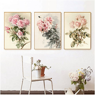 Bộ 3 tranh treo tường trên nền canvas hoa hồng lãng mạng trang trí phòng khách và phòng ngủ nhiều kích cỡ