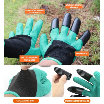 Bao  tay làm vườn có móng vuốt để cào ,bới đất ,chăm sóc cây , chống thấm nước , bảo vệ  tay khỏi đất bẩn ,các hóa chất từ phân bón , thuốc trừ sâu ,  diệt cỏ  tránh  tổn thương do va chạm với vật sắc nhọn , cành cây, co giãn đàn hồi tốt  , dễ vệ sinh