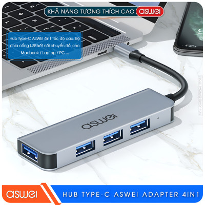Hub Chuyển Đổi USB Type C ASWEI - 4 in 1, 5 in 1, 6 in 1, 7 in 1, 8 in 1 - HDMI, USB 3.0, PD, SD, TF, RJ45, Audio 3.5mm - Tốc Độ Cao, Hàng Chính Hãng