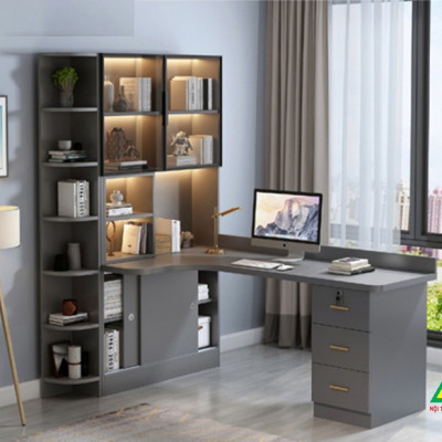 BÀN HỌC – BÀN LÀM VIỆC LIỀN KỆ GỖ MDF TỦ CÁNH KÍNH CÓ ĐÈN LED BLV402 - NỘI THẤT LẮP RÁP VIENDONGADV