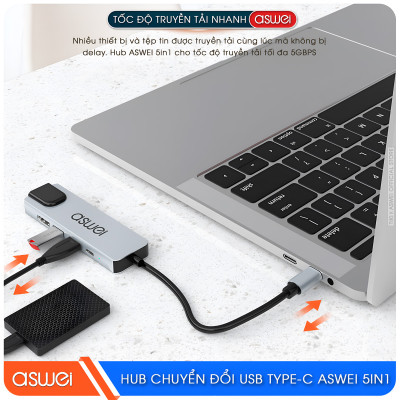 Hub Chuyển Đổi USB Type C ASWEI 5 in 1 - HDMI, USB 3.0, Lan, PD 100W Tốc Độ Cao - Hàng Chính Hãng