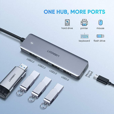 Bộ chuyển đổi USB Type-C sang Hub USB 3.0 4 cổng hỗ trợ cổng nguồn Micro USB 5V UGREEN CM164 70336 - Hàng chính hãng