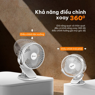 Quạt Sạc Tích Điện Mini Kẹp Bàn COMET CRF0705 5W Xoay 360 Độ pin Lithium 1800mAh hàng chính hãng