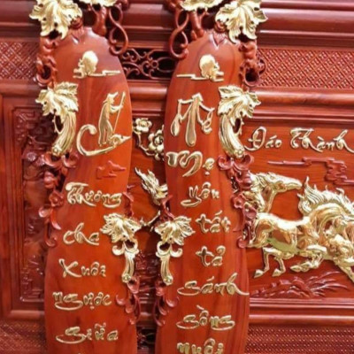 Tranh câu đối hình quả bầu gỗ hương đỏ kt 27×117×4cm 