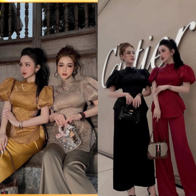 Bộ Đi Lễ Chùa Nữ - Đồ Lam Đi Chùa Lụa Gấm Nổi Cao Cấp Hồng Kông Tay Phồng - AL028