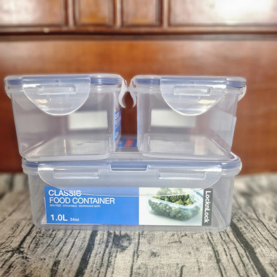 Bộ 3 Hộp Nhựa Classic Lock&Lock Hình Chữ Nhật Khóa 4 Cạnh Kín Hơi (1 Hộp 1L và 2 Hộp 470ml)