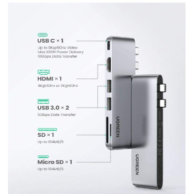 Ugreen UG80856CM380TK 6 trong 2 macbook pro thunderbolt 3 type c hub 8k HDMI - PD - Sd- TF - 2 x Usb A 3.0 màu xám - HÀNG CHÍNH HÃNG